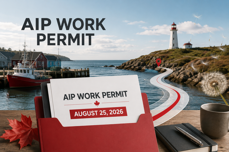 Ghasedak news illustration about Atlantic Immigration Program work-permit renewals dated August 25, 2026