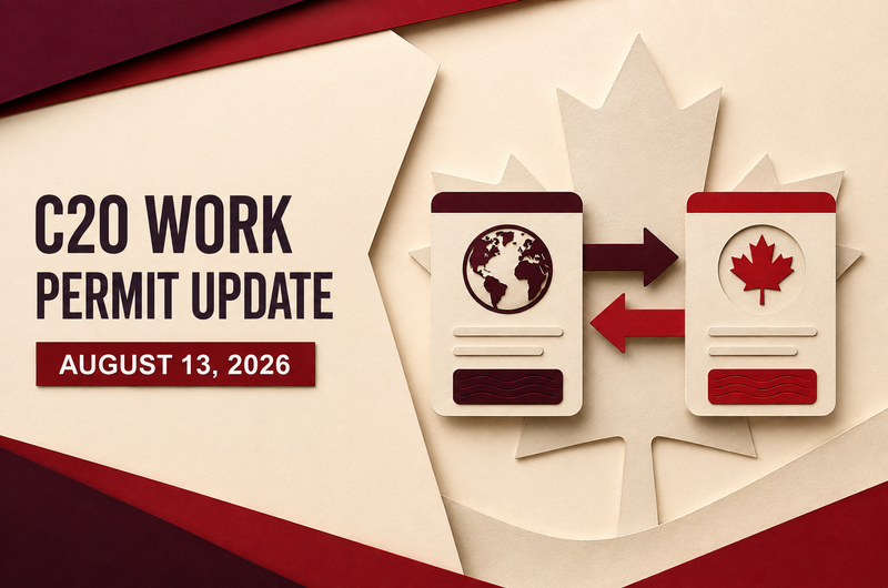 Ghasedak news illustration for the August 13, 2026 IRCC C20 reciprocal-employment work-permit update