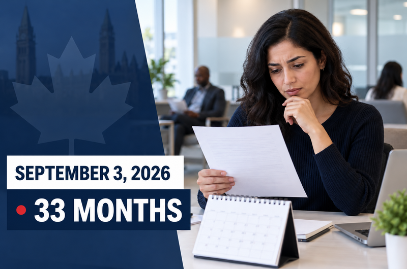 Ghasedak immigration news graphic dated September 3, 2026 about IRCC's 33-month citizenship certificate processing estimate