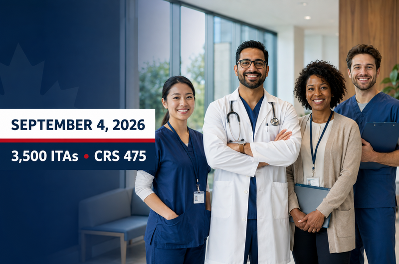 Ghasedak immigration news graphic for the September 4, 2026 Express Entry healthcare and social services draw with 3,500 invitations and CRS 475