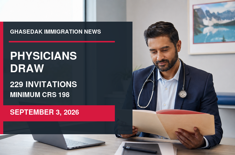 Ghasedak immigration news graphic for the September 3, 2026 Express Entry physicians draw with 229 invitations and CRS 198