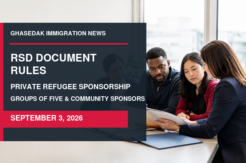 Ghasedak immigration news graphic about IRCC Refugee Status Determination document rules dated September 3, 2026