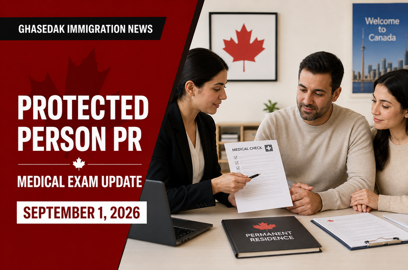 Ghasedak immigration news graphic about the protected-person PR medical examination update, dated September 1, 2026