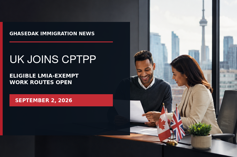 Ghasedak immigration news graphic about CPTPP work routes for eligible UK citizens, dated September 2, 2026